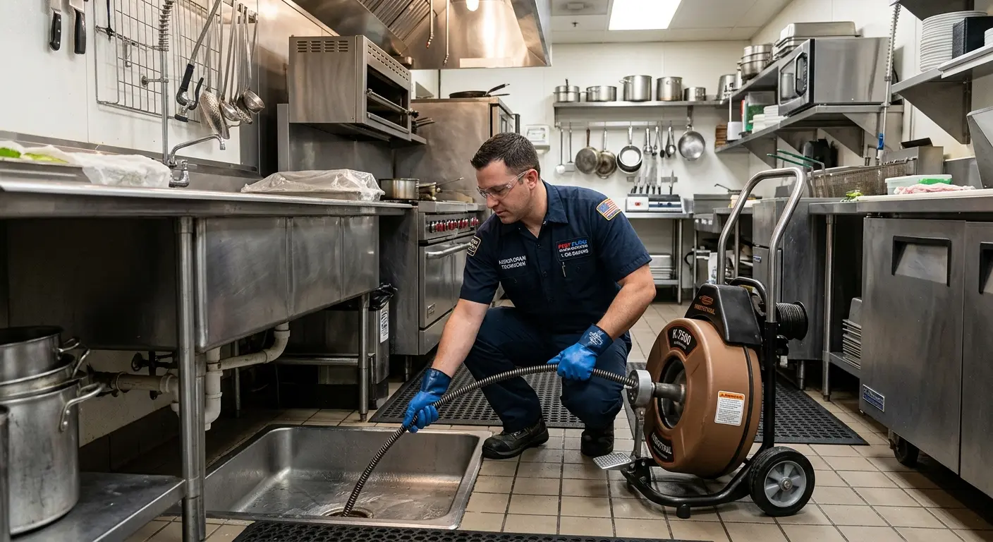 Commercial drain cleaning service in a restaurant kitchen in St. Stephens