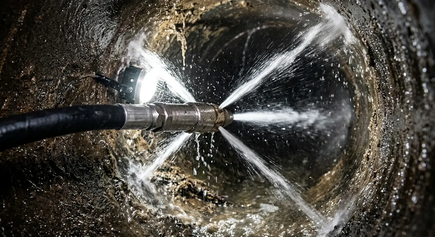 High-pressure hydro jetting nozzle cleaning sewer pipe for Emergency Drain Service in St. Stephens