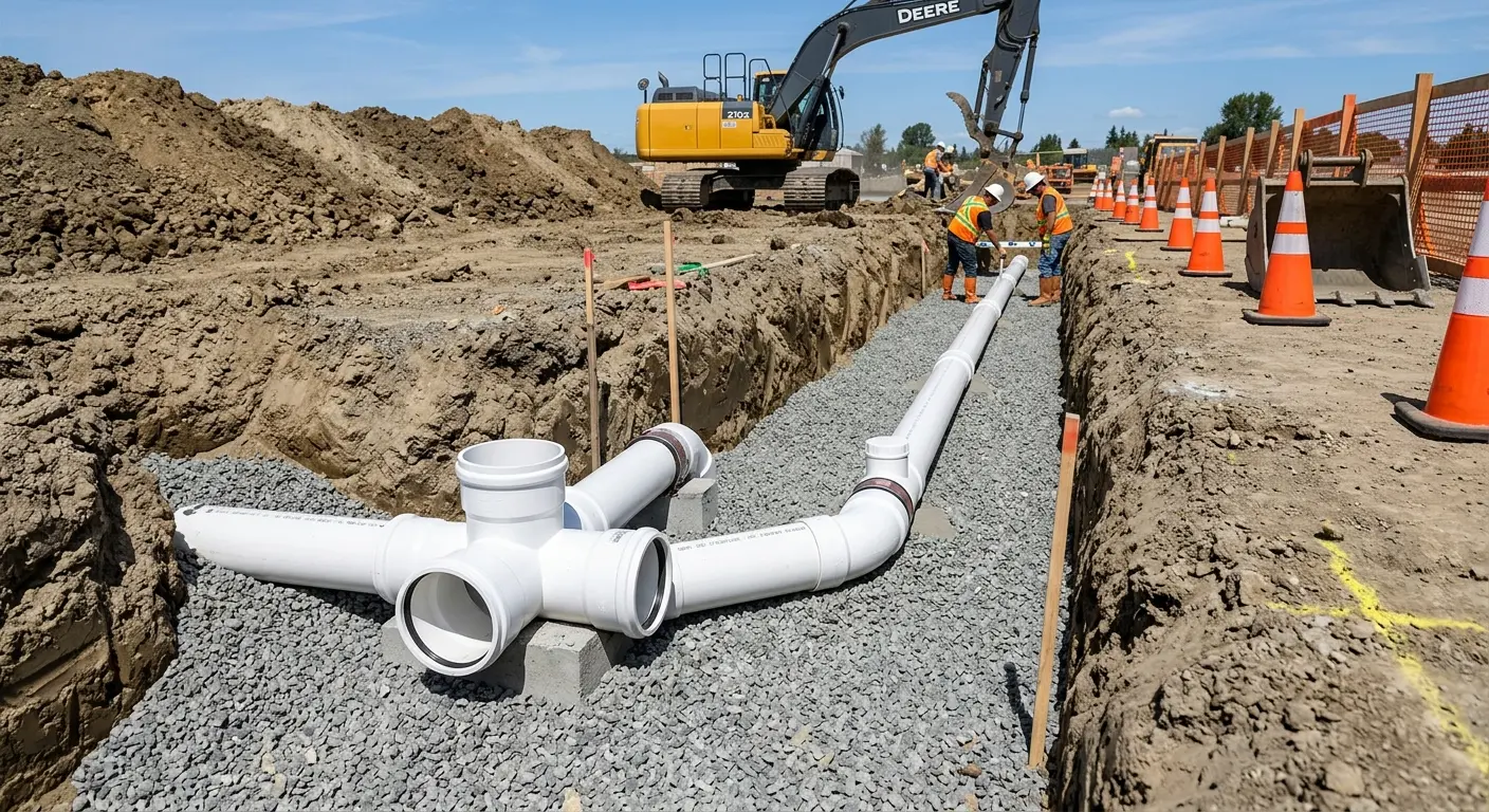 New PVC sewer pipe installation in open trench for Grease Trap Cleaning in St. Stephens